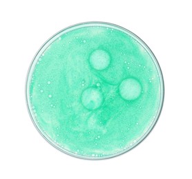 Photo of Petri dish with sample isolated on white, top view