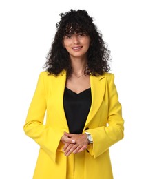 Photo of Beautiful young woman in stylish yellow suit isolated on white