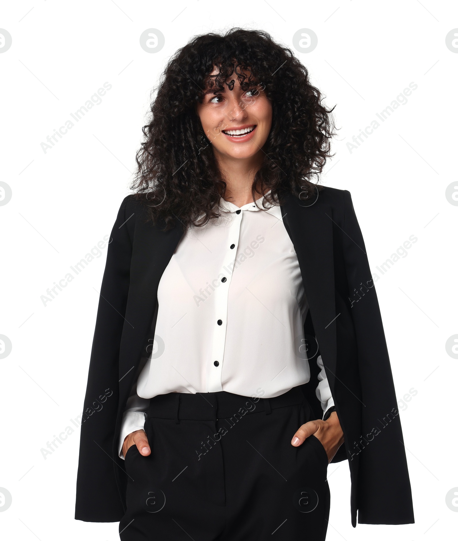 Photo of Beautiful young woman in black suit isolated on white