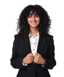 Beautiful young woman in black suit isolated on white