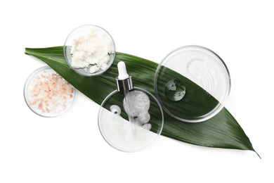 Photo of Petri dishes with different cosmetic products and leaf isolated on white, top view