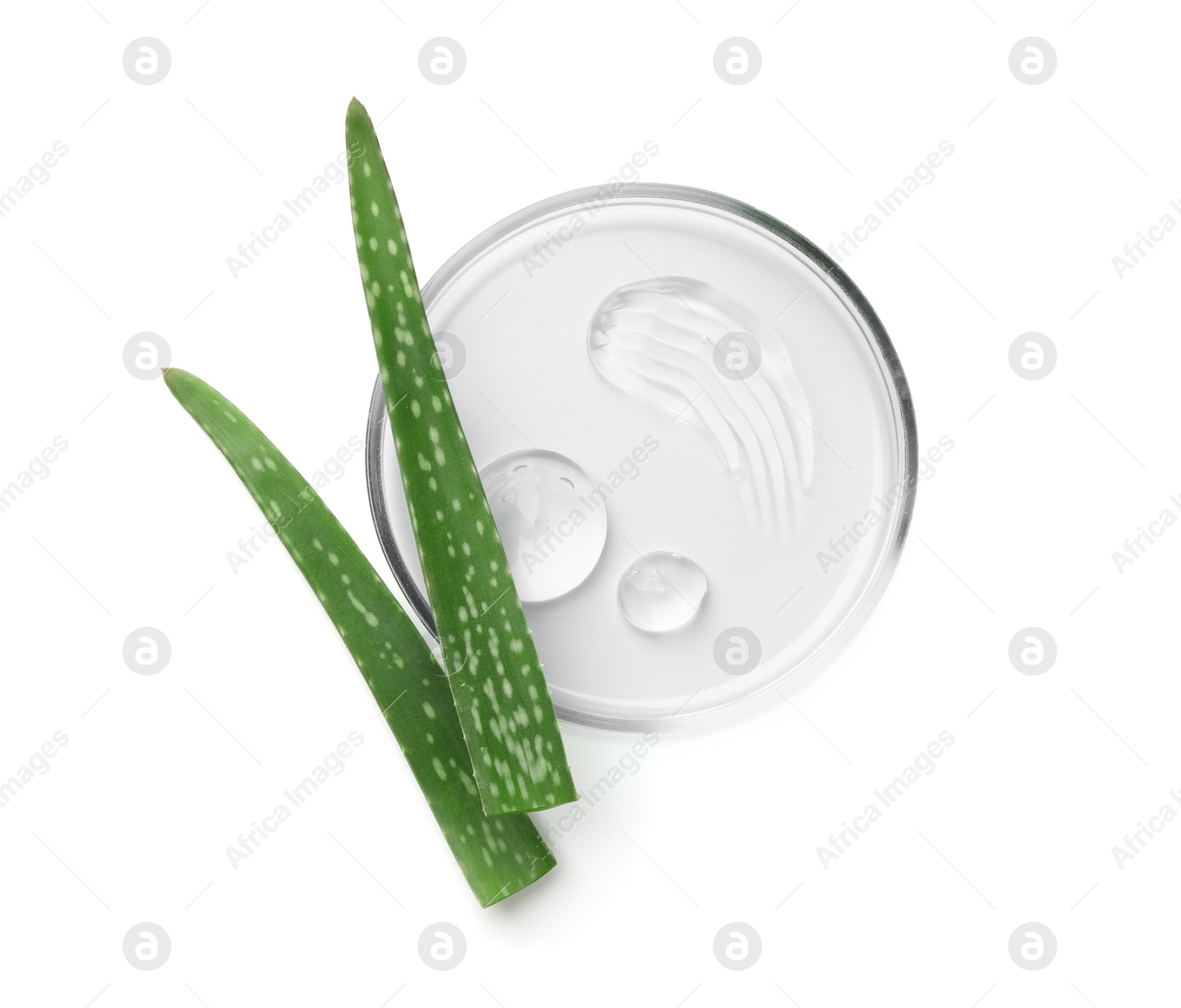 Photo of Petri dish with cosmetic product and leaves isolated on white, top view