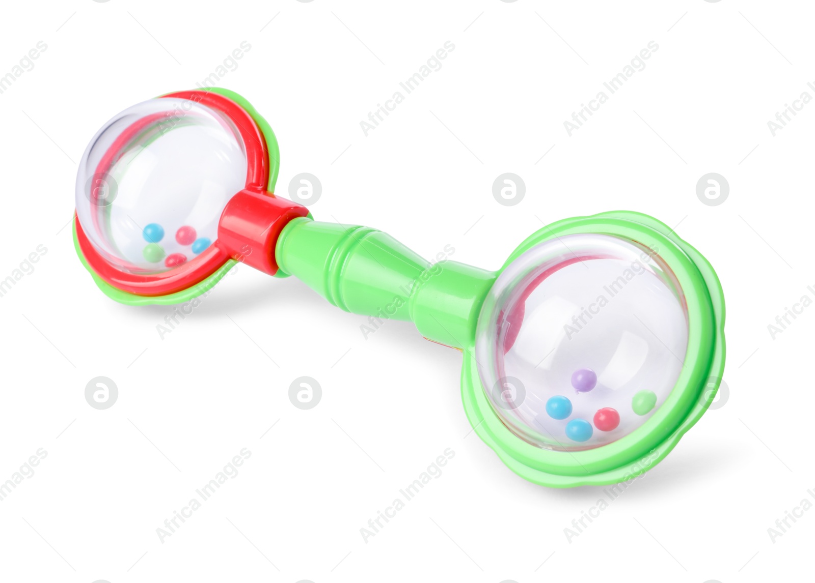 Photo of Colorful rattle isolated on white. Baby accessory