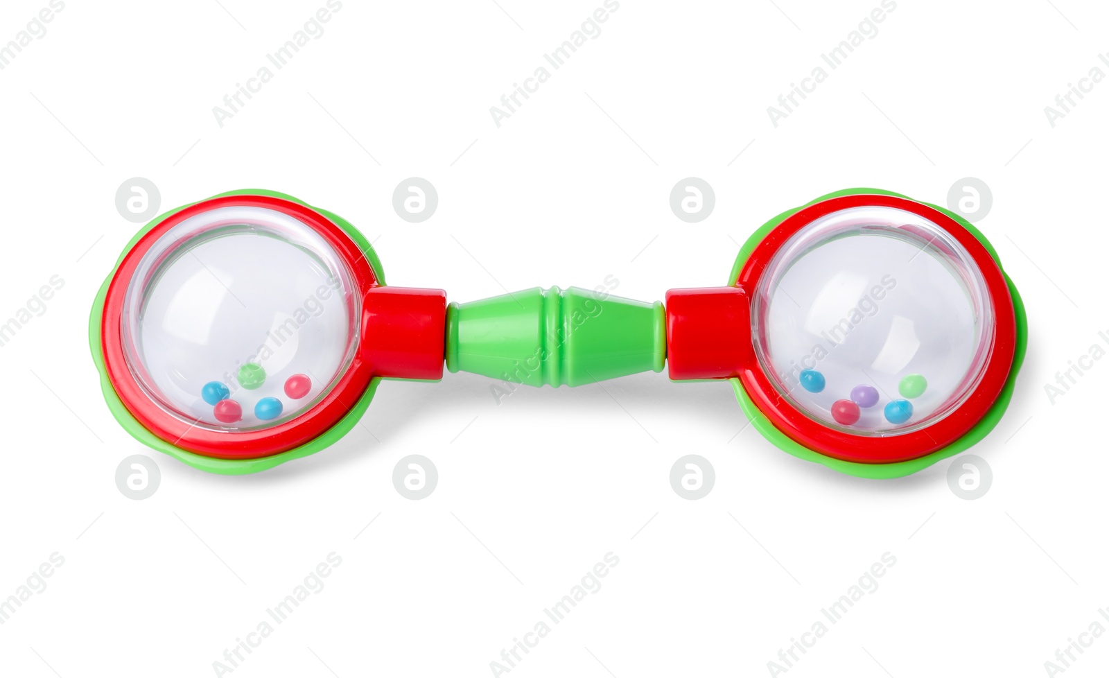 Photo of Colorful rattle isolated on white. Baby accessory