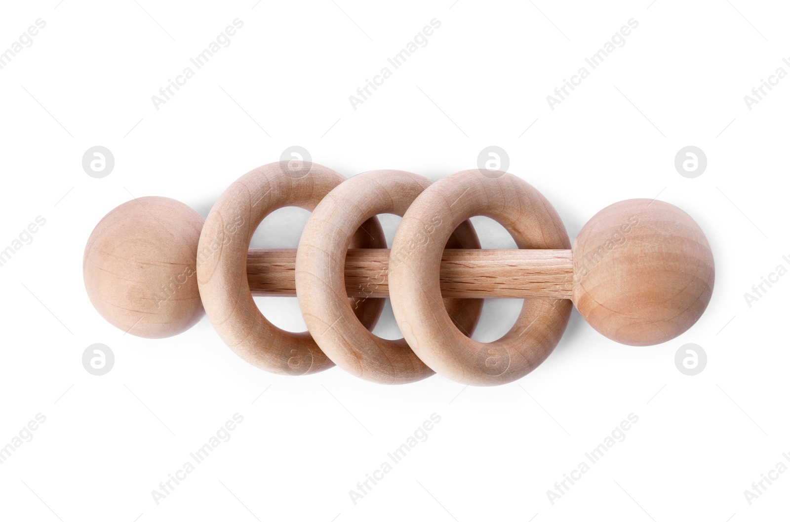 Photo of Wooden rattle isolated on white, top view. Baby accessory