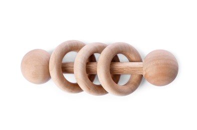 Photo of Wooden rattle isolated on white, top view. Baby accessory