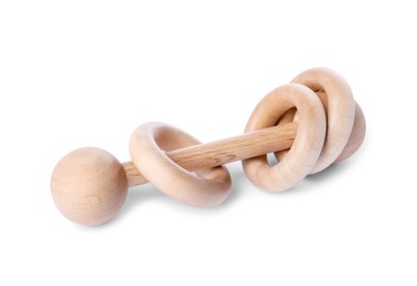 Photo of Wooden rattle isolated on white. Baby accessory]