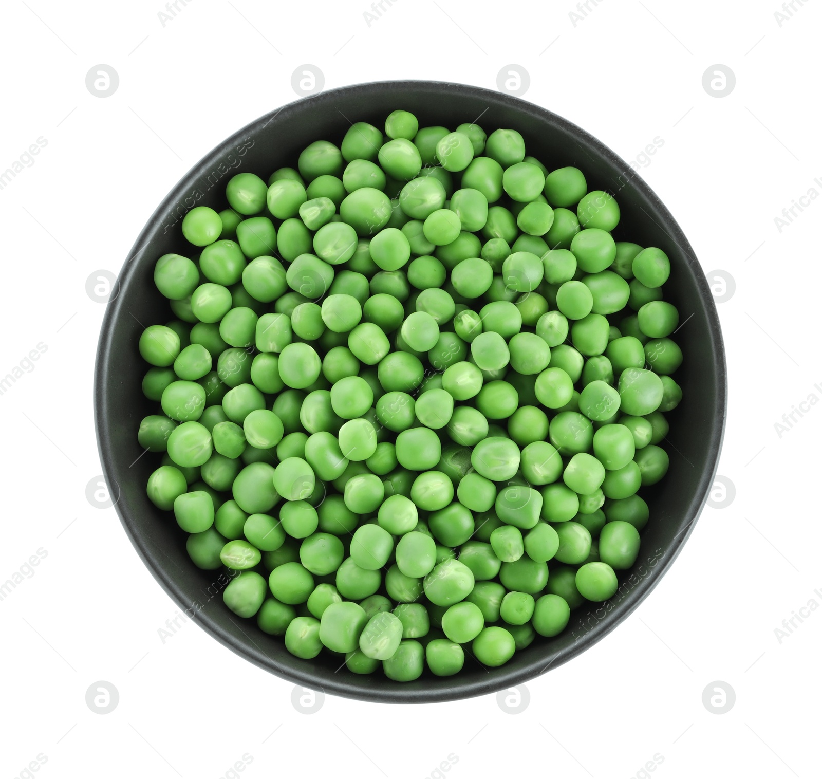 Photo of Fresh green peas in bowl isolated on white, top view