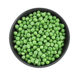 Photo of Fresh green peas in bowl isolated on white, top view