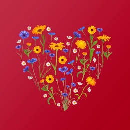 Image of Heart made of meadow flowers on red gradient background