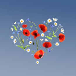 Image of Heart made of meadow flowers on blue gradient background