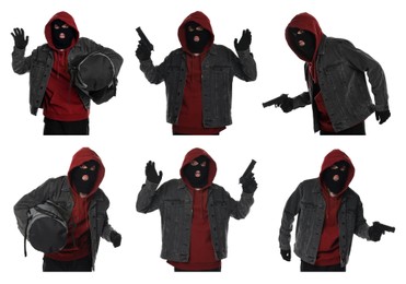 Image of Thief in balaclava on white background, collage of photos