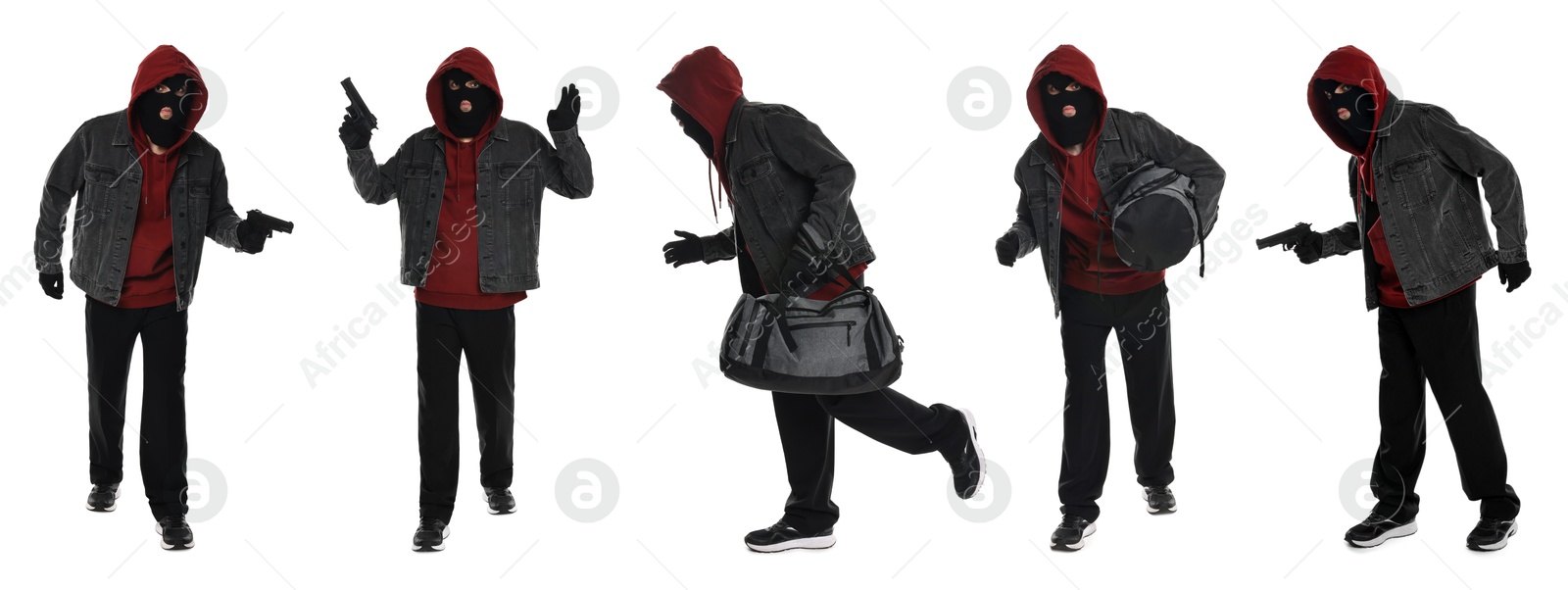 Image of Thief in balaclava on white background, collage of photos