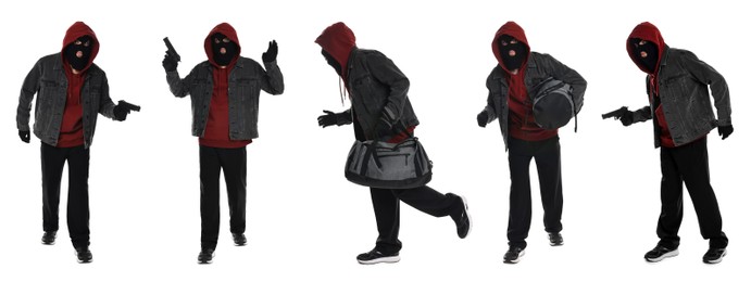 Thief in balaclava on white background, collage of photos