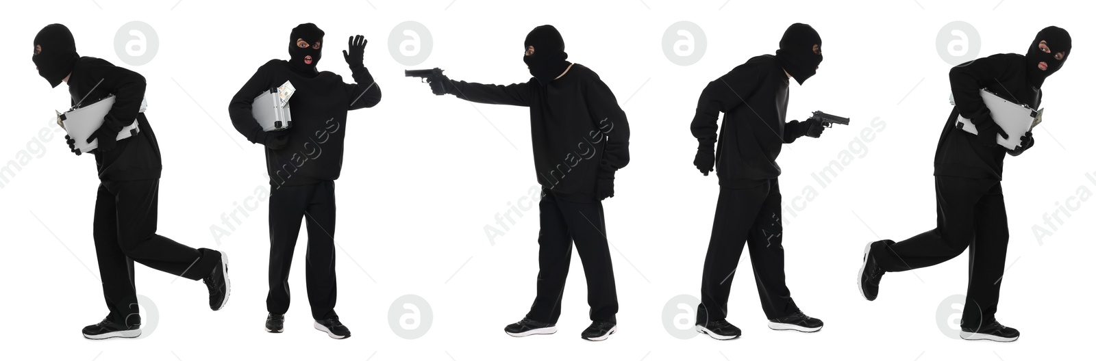 Image of Thief in balaclava on white background, collage of photos