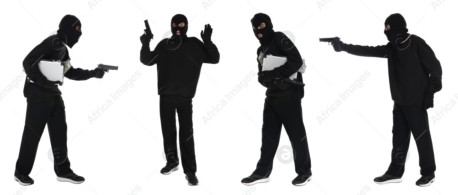 Image of Thief in balaclava on white background, collage of photos