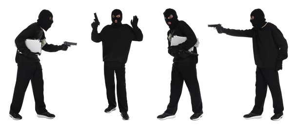 Thief in balaclava on white background, collage of photos