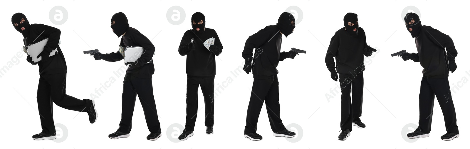 Image of Thief in balaclava on white background, collage of photos