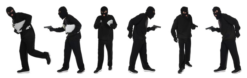 Image of Thief in balaclava on white background, collage of photos