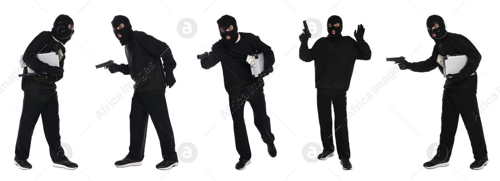 Image of Thief in balaclava on white background, collage of photos