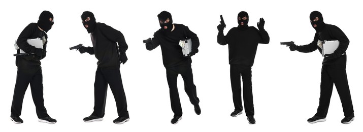 Thief in balaclava on white background, collage of photos