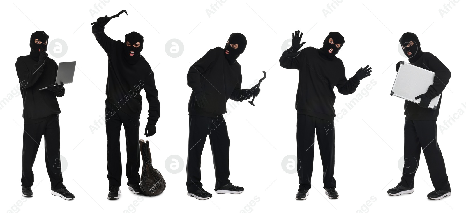 Image of Thief in balaclava on white background, collage of photos