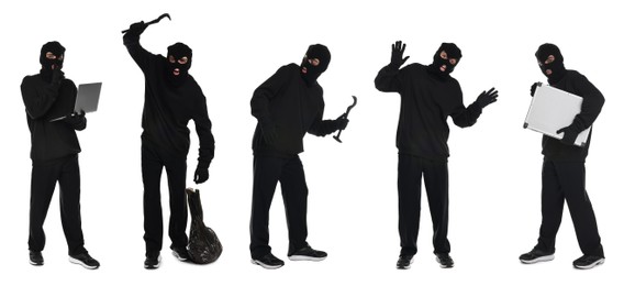 Thief in balaclava on white background, collage of photos