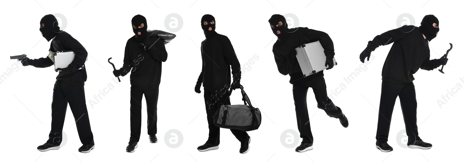 Image of Thief in balaclava on white background, collage of photos