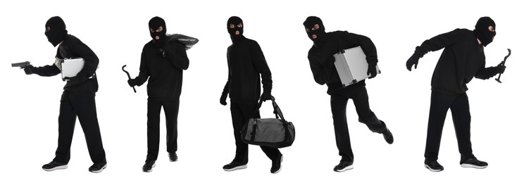 Image of Thief in balaclava on white background, collage of photos