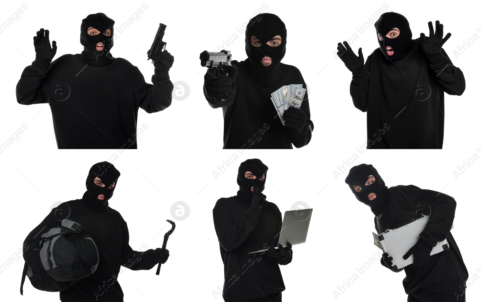 Image of Thief in balaclava on white background, collage of photos