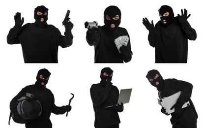 Thief in balaclava on white background, collage of photos