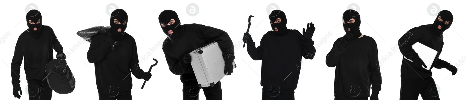 Image of Thief in balaclava on white background, collage of photos