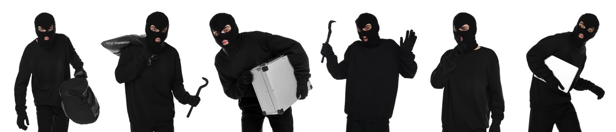 Image of Thief in balaclava on white background, collage of photos