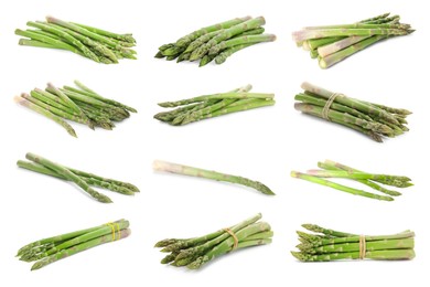 Image of Set of fresh asparagus spears on white background