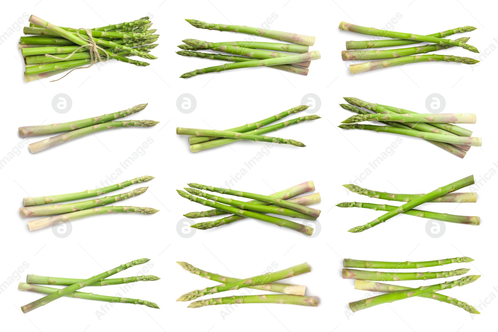 Image of Set of fresh asparagus spears on white background, top view