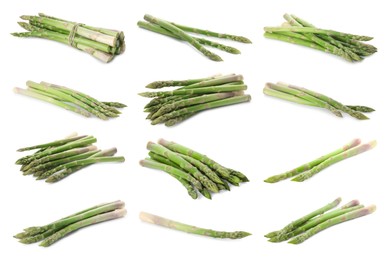 Image of Set of fresh asparagus spears on white background