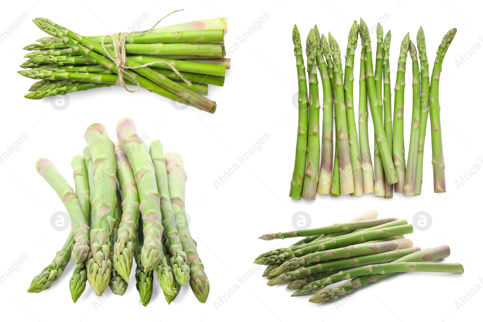 Image of Set of fresh asparagus spears on white background