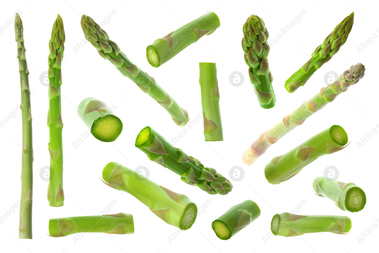 Image of Set of fresh asparagus spears on white background