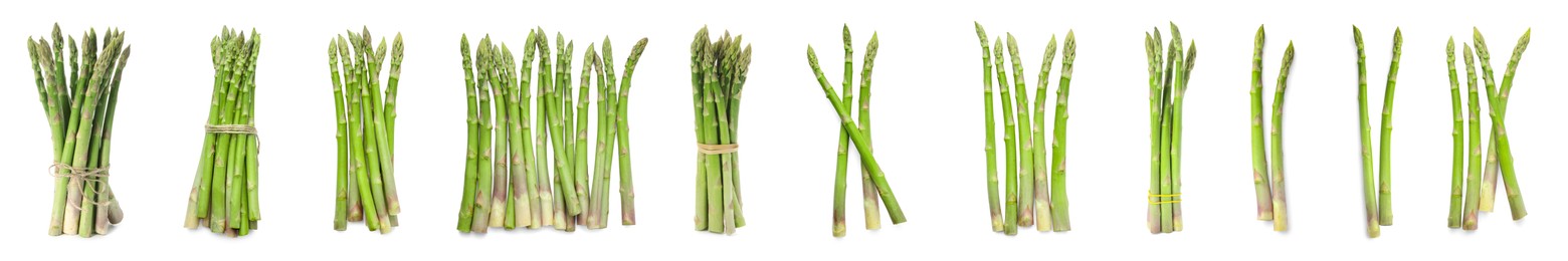 Image of Set of fresh asparagus spears on white background, top view