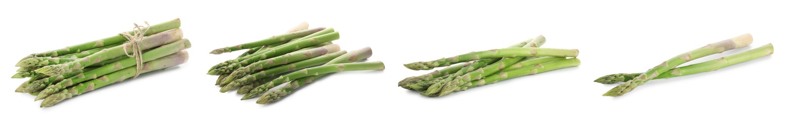 Image of Set of fresh asparagus spears on white background