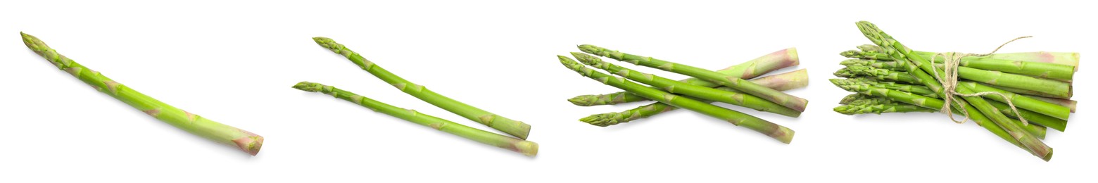 Image of Set of fresh asparagus spears on white background, top view