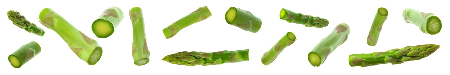 Image of Cut fresh asparagus spears on white background