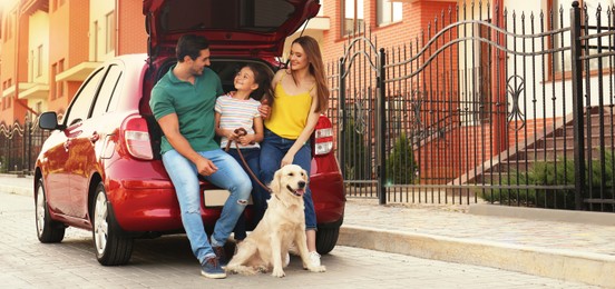 Happy family with dog near car on street. Banner design