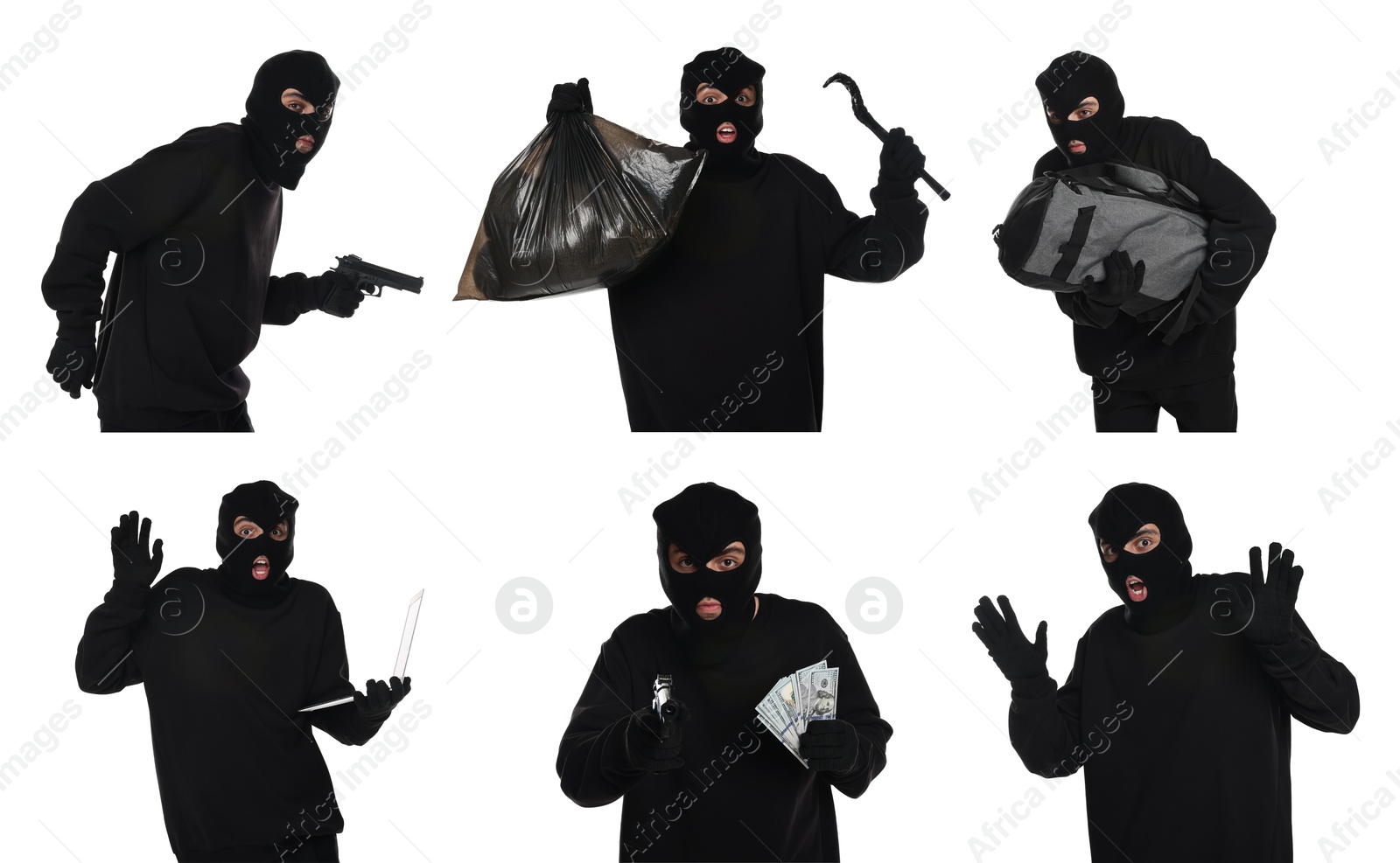 Image of Thief in balaclava on white background, collage of photos