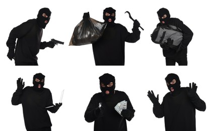 Image of Thief in balaclava on white background, collage of photos