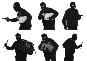 Image of Thief in balaclava on white background, collage of photos