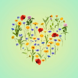 Image of Heart made of meadow flowers on aquamarine gradient background