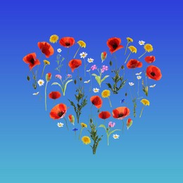 Image of Heart made of meadow flowers on blue gradient background