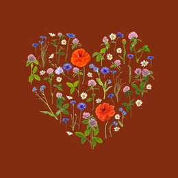 Image of Heart made of meadow flowers on brown background