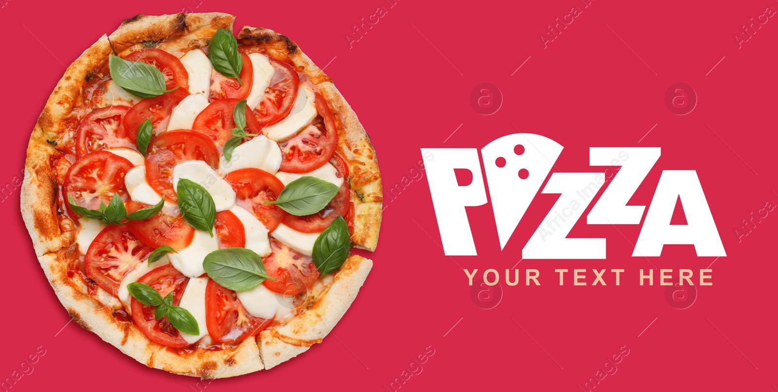 Image of Tasty pizza on red background. Banner design with space for your text